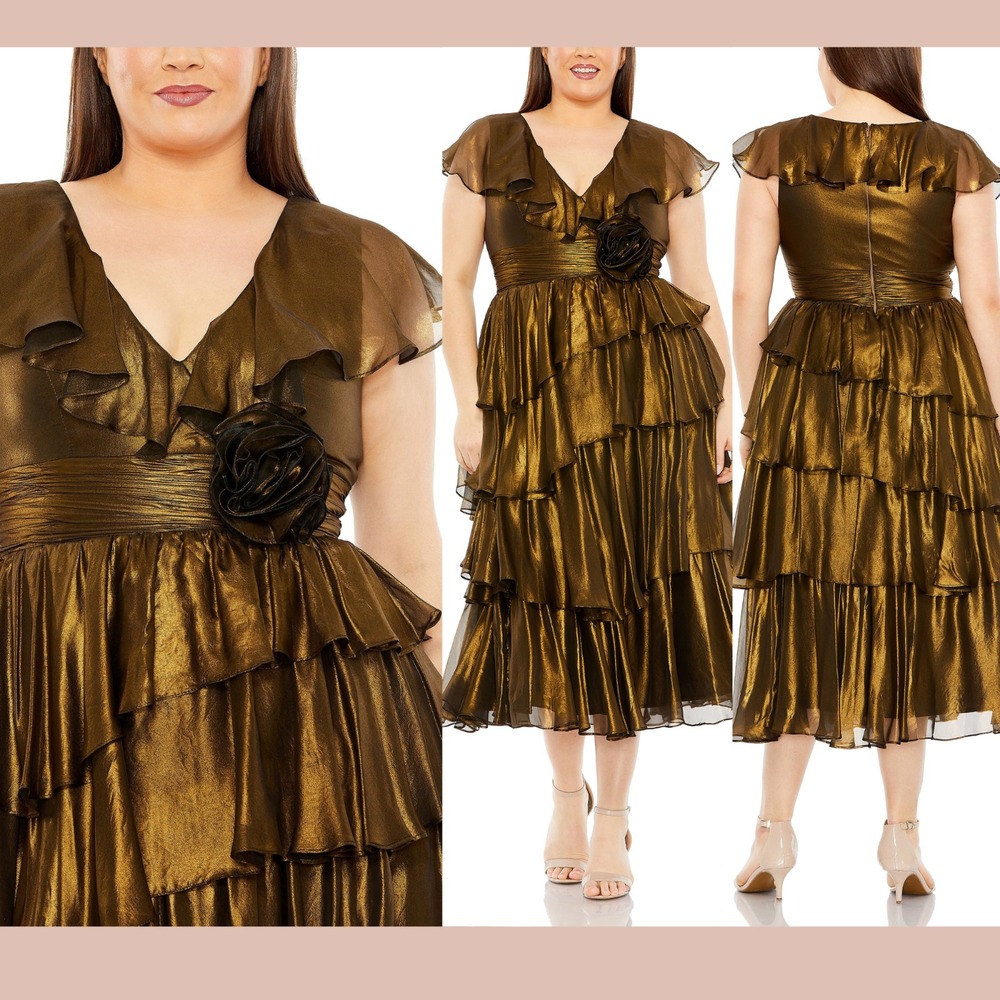 NWT Mac Duggal [ 20W ] 49775 Flutter Gold Metallic Midi‎ Ruffle Dress #J1901